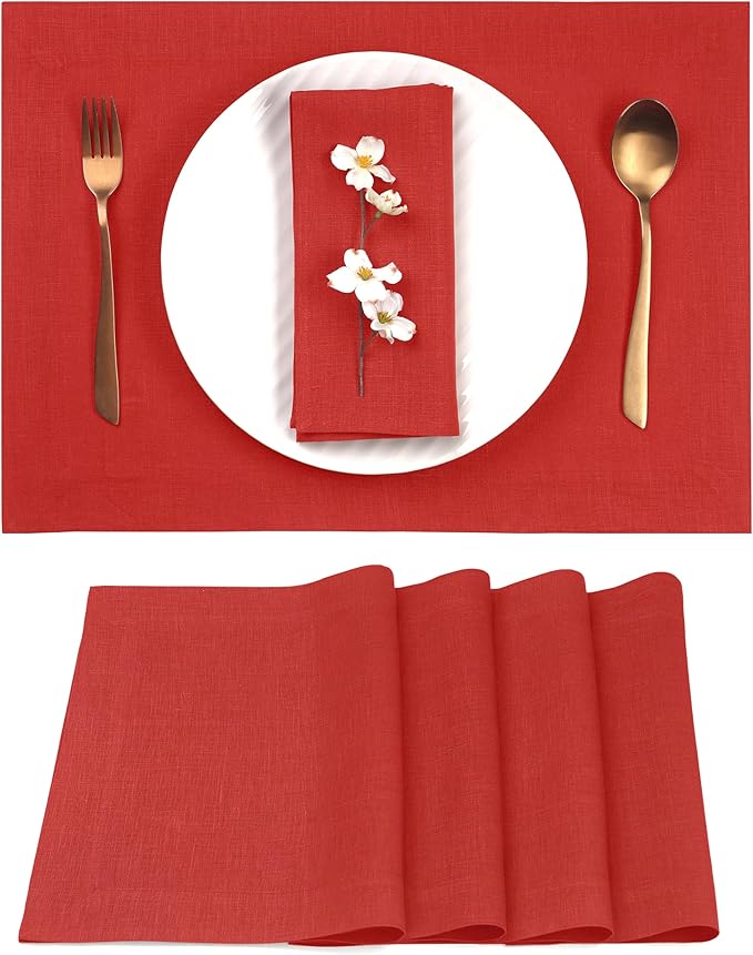 D'Moksha Homes Linen Placemats 14 x 19 Inch - Bright Red Placemats Set of 4-100% Pure Linen Table Place Mats for Valentines, Spring, Easter - Handcrafted and Machine Washable