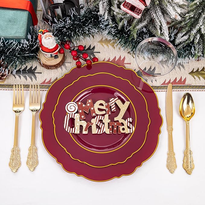 Liacere 350PCS Red Plastic Plates-Disposable Burgundy Red and Gold Plates 50guest Baroque Plastic Dinnerware include 100Plates, 50Pack Pre Rolled Napkins with Silverware 50Cups for Christmas