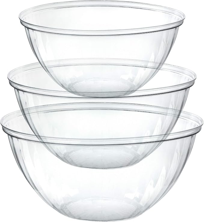PLASTICPRO Disposable Combo Set of Salad Bowl Includes 4, 48 Ounce 4, 96 oz 4, 150 Ounce Round Crystal Clear Plastic Serving Bowl