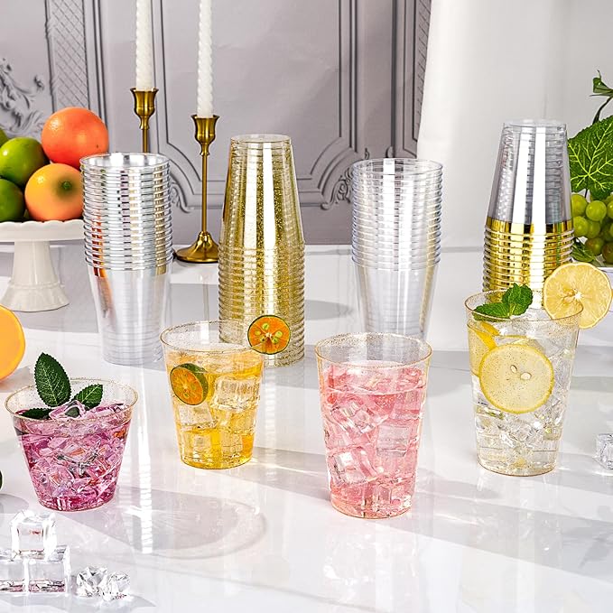 Goodluck 9 oz 100 PCS Gold Glitter Plastic Cups, Disposable Glitter Cups, Elegant Plastic Cocktail Glasses, Fancy Party Cups for Wedding, Birthday, Holiday