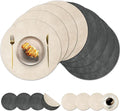 Round Placemats and Coasters Set of 8, Washable Reversible Faux Leather Placemats Cowhide Pattern Place Mats Wipeable Non-Slip 15 inch Round Kitchen Dining Table Mats (Gray Beige, 8)