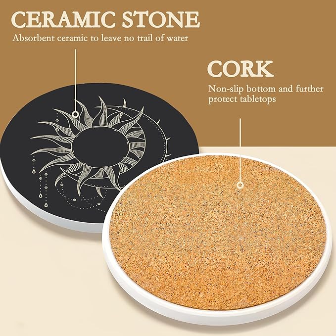 6-Pack Moon Phase Coasters Set with Holder - Absorbent Ceramic Drink Pads, Non-Slip Table Protectors for Coffee & Glasses