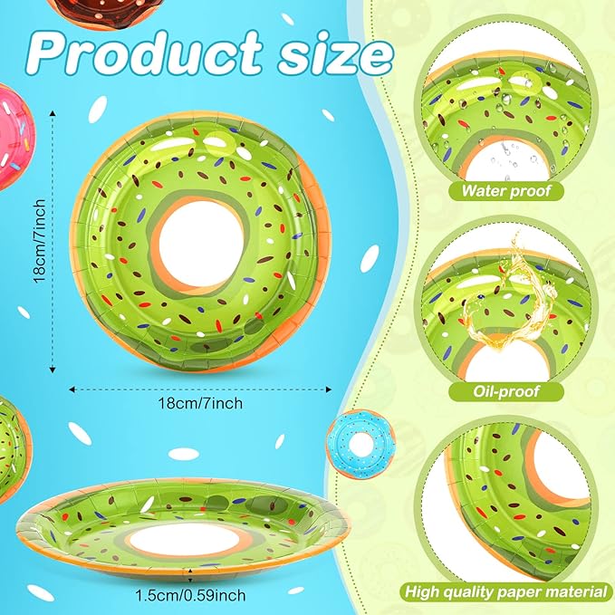 Huwena 200 Pcs Donut Paper Plates 7" Disposable Donut Party Plates Colorful Cute Serving Trays Snack Platter for Theme Birthday Assorted Designs Party Supplies