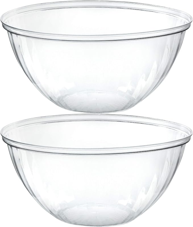 PLASTICPRO Disposable Round Crystal Clear Serving Bowls For Party Snack or Salad, Plastic Clear Chip Bowls, Candy Dish (2, 48 OUNCE)
