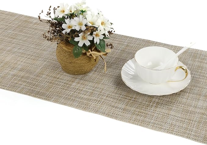 SHACOS Woven Vinyl Table Runners 12 x 54 inch Wipeable Table Runner Heat Resistant Runner for Table Indoor Outdoor, Beige
