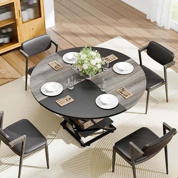 Round Dining Table for 4-6, 47 inch Circle Kitchen Table with 2-Layer Storage Shelf, Modern Wood Dinner Table with Heavy Duty Pedestal for Dining Room, Farmhouse, Living Room, Kitchen, Black & Grey