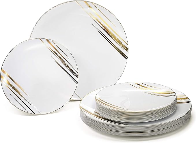 " OCCASIONS " 240 Plates Pack,(120 Guests) Premium Wedding Party Disposable Plastic Plates Set -120 x 10.25'' Dinner + 120 x 7.5'' Salad/Dessert (Dali, White & Gold)