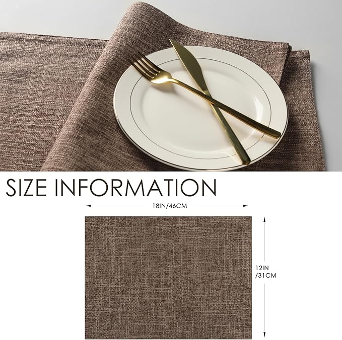 Placemats Set of 8, Faux Linen Dining Table Mats Heat Resistant Placemats for Kitchen Table, Washable Anti-Slip Place Mats, Kitchen Placemats Easy to Clean(Dark Brown)