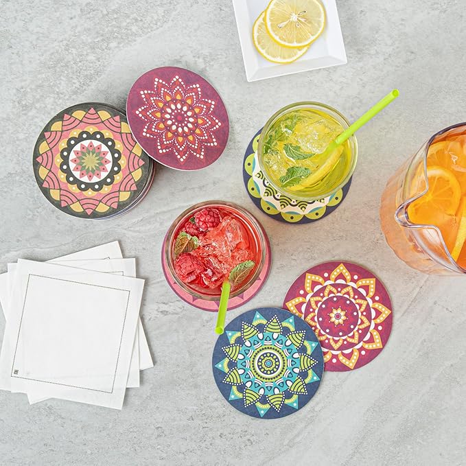 Restaurantware Super Absorbent Coasters 480 Case 4 Inch Assorted Paper Bar Coasters High-Density Pulpboard Beverage Coasters Moisture-Absorbing Durable Drink Coasters - Assorted Designs
