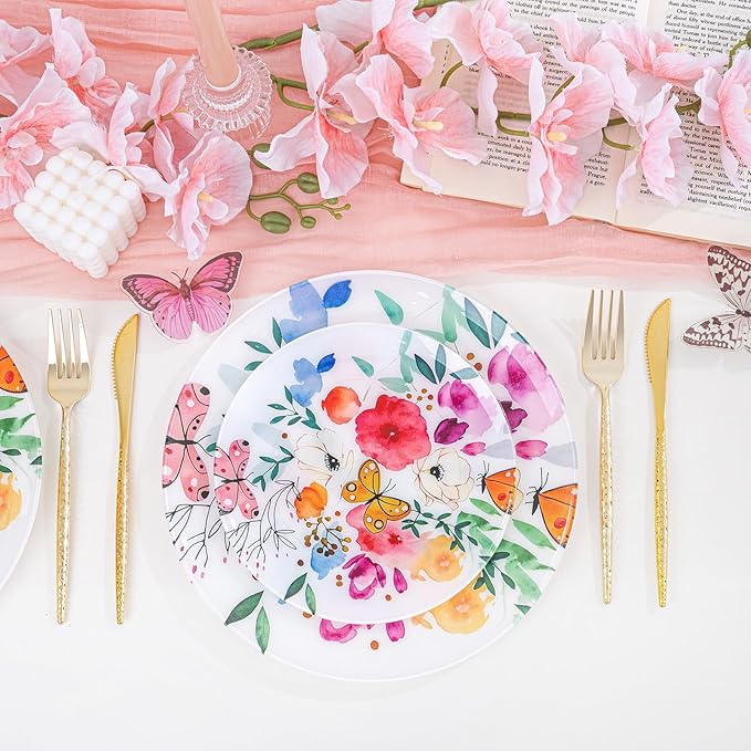 DaYammi 20Pcs Plastic Plates with Watercolor Floral-Disposable Plates Heavy duty Watercolor Floral & Butterfly Plastic Plate 10.25in Dinner plates and 7.5in Dessert plates for Valentine's Day Party