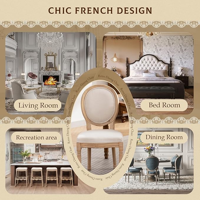 SoarFlash French Dining Chairs Set of 6, Vantage Dining Chair with Round Back, Farmhouse Country Dining Chair for Kitchen,Bedroom,Beige