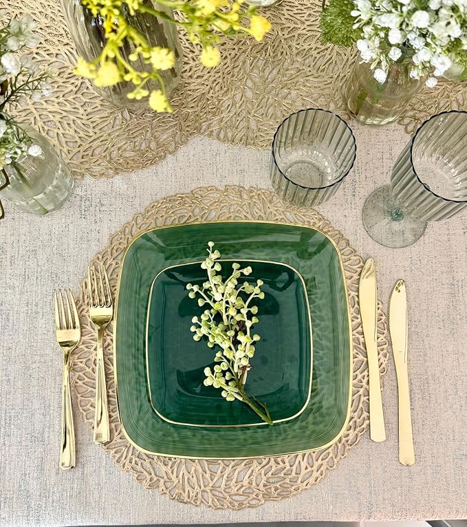 " OCCASIONS " 120 Plates Pack,(60 Guests) Premium Wedding Party Disposable Plastic Plates Set -60 x 10'' Dinner + 60 x 7'' Salad/Dessert (Belize Square in Green & Gold)