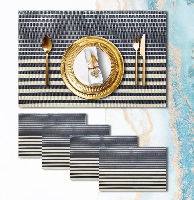 Placemats Set of 4 Vinyl Washable Navy Blue Placemats, 18"x12" Wipeable Heat-Resistant Non-Slip Easy Clean Table Mats Ideal for Dining Table Table Runner and Outdoor (4, Dark Blue Stripe)