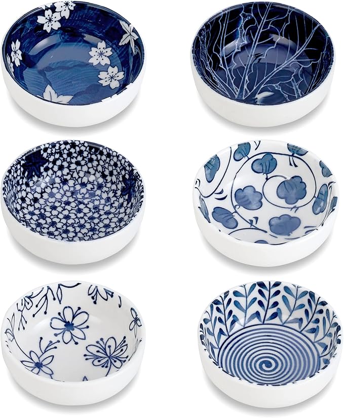 Japanese Style Ceramic Dipping Bowls,3'' Small Pinch Bowls Set Side Sauce Cups,Dishes for Sushi,Snack and Soy,BBQ,2.5 Oz Blue and White Mini Bowl for Kitchen Prep - Set of 6 (3 inch)
