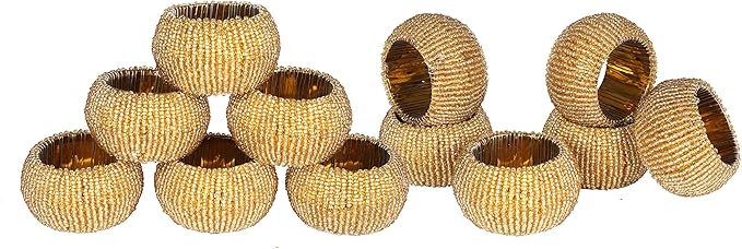 Gold Napkin Ring, Napkin Rings Set of 12, Beaded Napkin Holders, Round Napkin Rings Bulk for Christmas Party Decoration, Dinning Table, Everyday, Family Gatherings - Set Your Table with Style - Gold