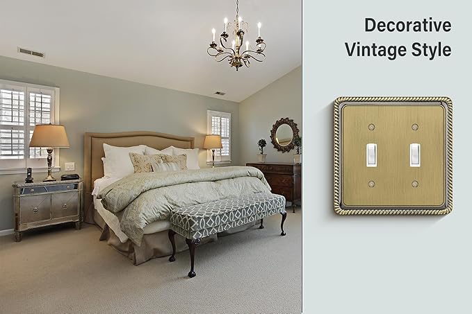 Henne Bery Rope Edge Decorative Wall Plate Switch Plate Outlet Cover (Double Toggle, Antique Brass)