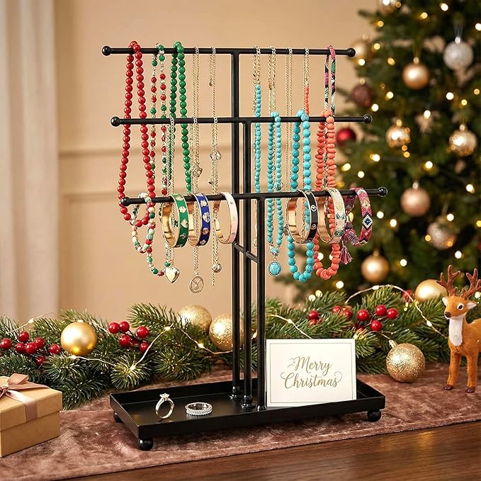 MyGift Modern Jewelry Organizer, 3 Tier Black Metal Tabletop Bracelet and Necklace Jewelry Storage Display Tree Rack with Base Ring Tray
