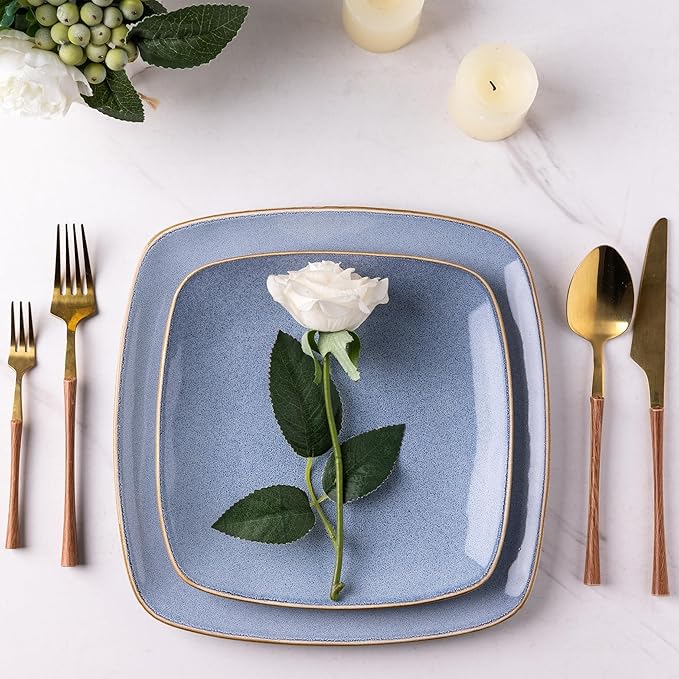 AmorArc Ceramic Dinnerware Sets for 4, 12 Pieces Square Handpainted Plates and Bowls Set, Chip and Scratch Resistant Stoneware Dishes Set, Dishwasher & Microwave Safe, Reactive Blue