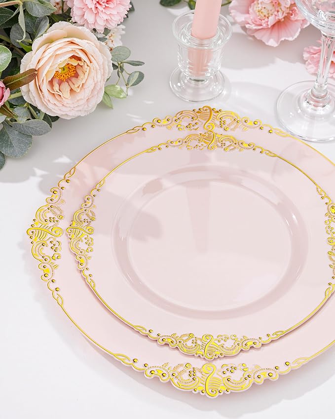 Nervure 100PCS Pink and Gold Plastic Plates - 7.5 inch Pink Plastic Plates with Gold Rim - Disposable Dessert Plate for Wedding & Party