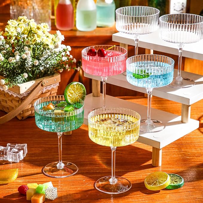 24 Pcs Ribbed Martini Glasses 10 oz Disposable Plastic Vintage Ribbed Coupe Glasses Unbreakable Dessert Parfait Glassware for Wedding Birthday Party Supplies (Clear)