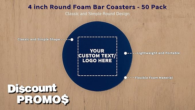 50 Round Foam Bud Coasters Pack, 4 inch - Customizable Text, Logo - PU Foam, Party Favor - Navy Blue