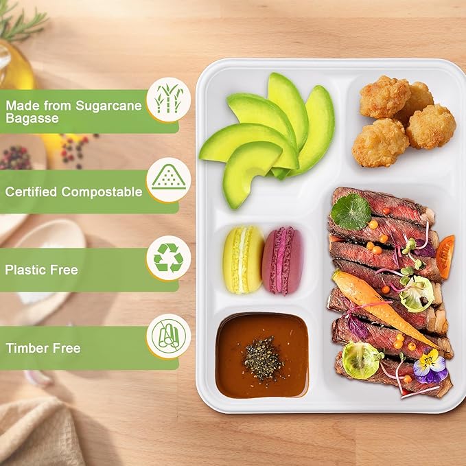 Compostable 5 Compartment Paper Plates Disposable, 11 * 8.6 inch, [50-Pack] Heavy Duty Plates with Deep Dividers, Sturdy School Lunch Trays, White Large Paper Dinner Plates for Buffet Party