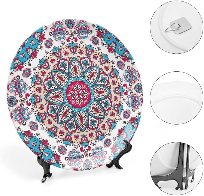XISUNYA 7 Inch Decorative Plate, Boho Tableware Plate, Henna Style Floral Circles Paisley Retro Kaleidoscope Print Ceramic Wall Hanging for Home Office Party Dinner Table Decor