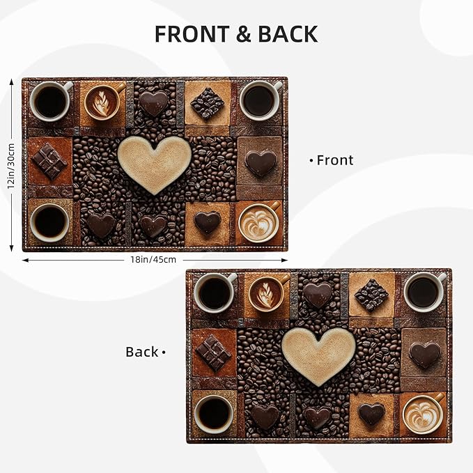 Coffee Placemats Set of 6, Cafe Table Mats, Washable Place Mats for Coffee Bar Home Party Indoor Kitchen Dining Table Decoration 12x18 Inch