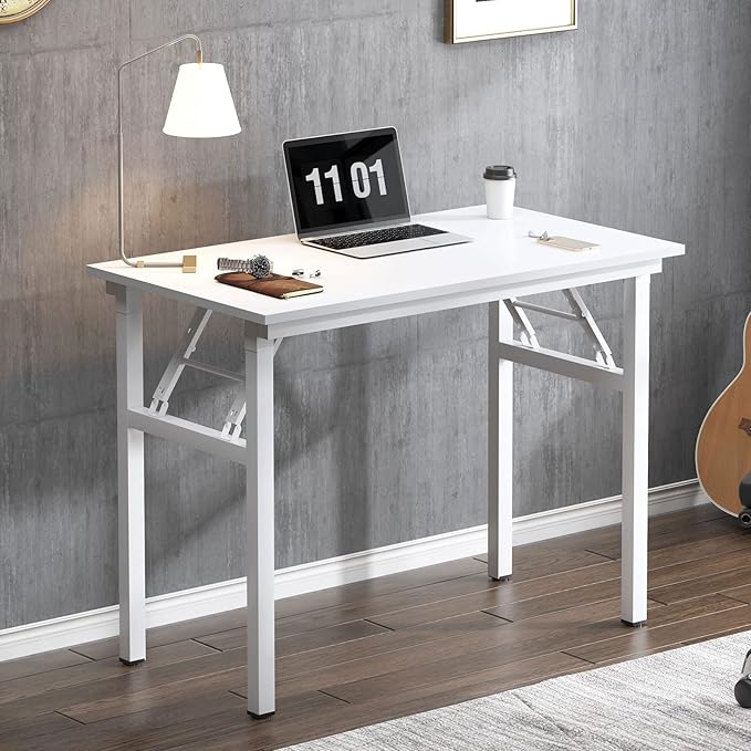 Need 31.5 Inch Folding Computer Desk for Small Spaces, White Study Foldable Writing Table for Home Office, Bedroom, Dorm Room & Student, No Assembly