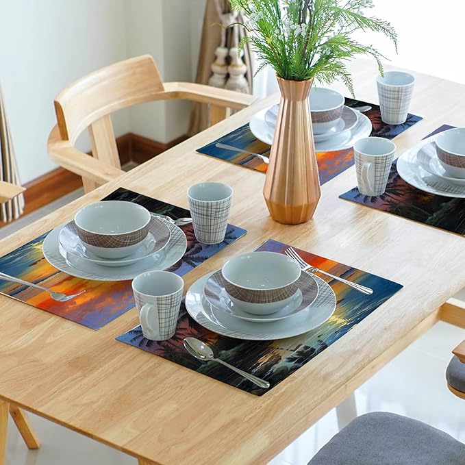Beach Placemats Set of 4 - Palm Tree Place Mat 12x18 Inch Summer Sunset Placemats Sea Ocean Table Mat for Party Kitchen Dining Home Holiday Party Decor