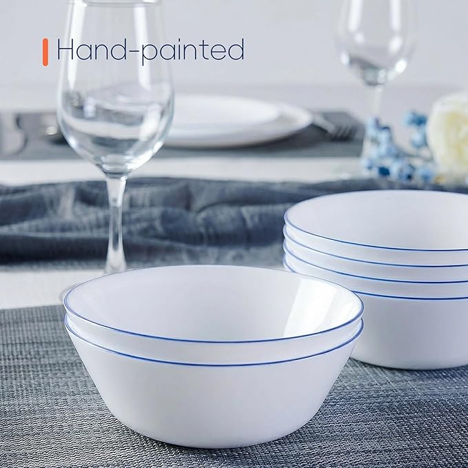 16OZ Opal Glass Cereal and Soup Bowl Set of 4, 6 inch Dishwasher & Microwave Safe Round Bowls for Salad and Rice, Hand Painted Navy Blue Rim