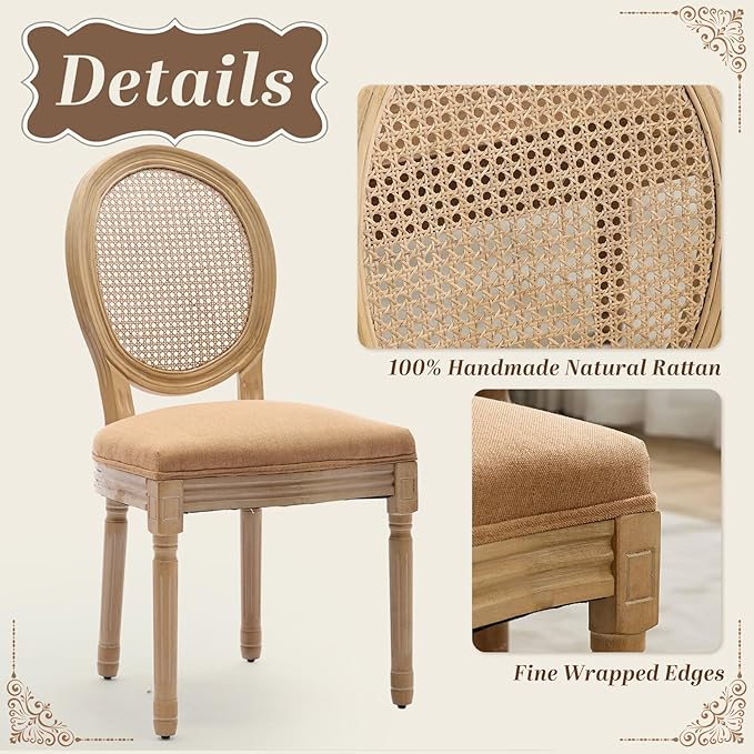 SoarFlash French Dining Chairs Set of 6, Vantage Dining Chair with Round Back, Wood Leg Farmhouse Country Rattan Dining Chair for Kitchen,Bedroom,Brown