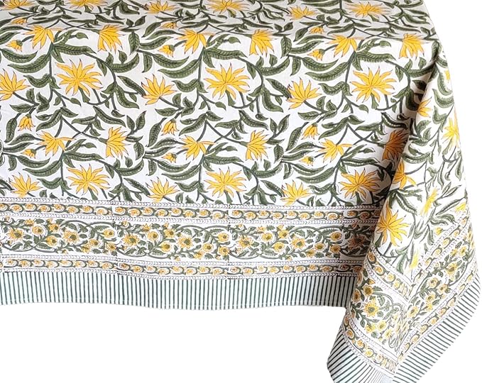 ATOSII Noor 100% Cotton Rectangle Spring Tablecloth, Handblock Floral Print Linen Table Cloth for Kitchen Dining I Parties, Outdoors, Weddings, Easter Holidays I 72 X 120 Inches I 10 Seater
