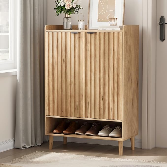 Shoe Cabinet, Large 6-Tier Shoe Storage Cabinet with Fluted 2 Doors, 44" Tall Freestanding Entryway Shoe Cabinet with Adjustable Shelves, Modern Shoe Organizer Cabinet, Shoe Rack Cabinet ( Oak)
