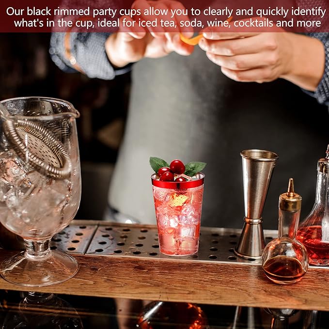 Patelai 100 Pcs Red Plastic Cups 12 oz Red Rimmed Plastic Cups Heavy Duty Disposable Wine Glasses Clear Cocktail Glasses Drinking Tumblers for Party Wedding Christmas Birthday