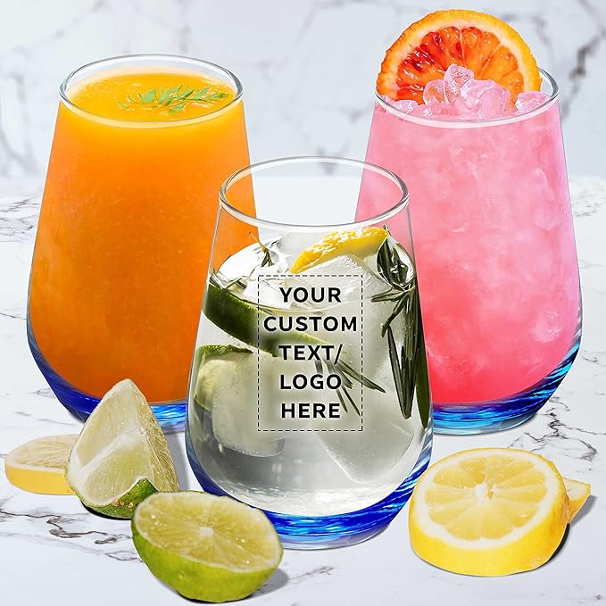 DISCOUNT PROMOS 50 Vaso Silicia Stemless Wine Glasses Set, 16 oz. - Personalized Text, Logo - Clear, Orb-Like, Thick base - Blue