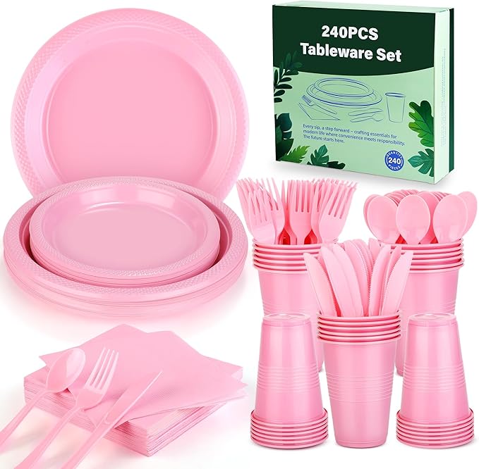 Kochorie 240 Pieces Pink Plastic Dinnerware Set Disposable Heavy Duty Plates Napkins Cups and Silverware Dessert Dinner Plates for Birthday Wedding Baby Shower Party Supplies, Serves 30 Guests
