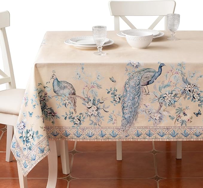 Maison d' Hermine Premium Table Cloth Rectangle Table 100% Combed Cotton 90 x 70 Inches Tablecloth Reusable Decorative for Dining Room Farmhouse Party Festive Wedding - Peacock Utopia - Sandy Beach