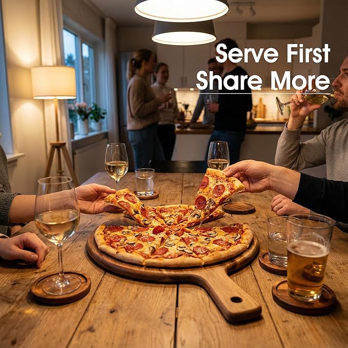 12" Acacia Wood Charcuterie & Pizza Serving Board Set with Pizza Cutter, Rustic Wooden Board for Cheese, Appetizers & Entertaining, Thoughtful Housewarming Gift