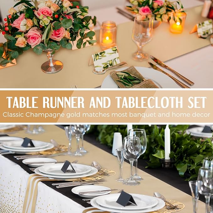Breling 24 Packs White and Gold Disposable Plastic Tablecloths and Satin Table Runner Set, 54 x 108 Inch Tablecloth, 12 x 108 Inch Table Runners for Wedding Graduation Birthday Baby Shower