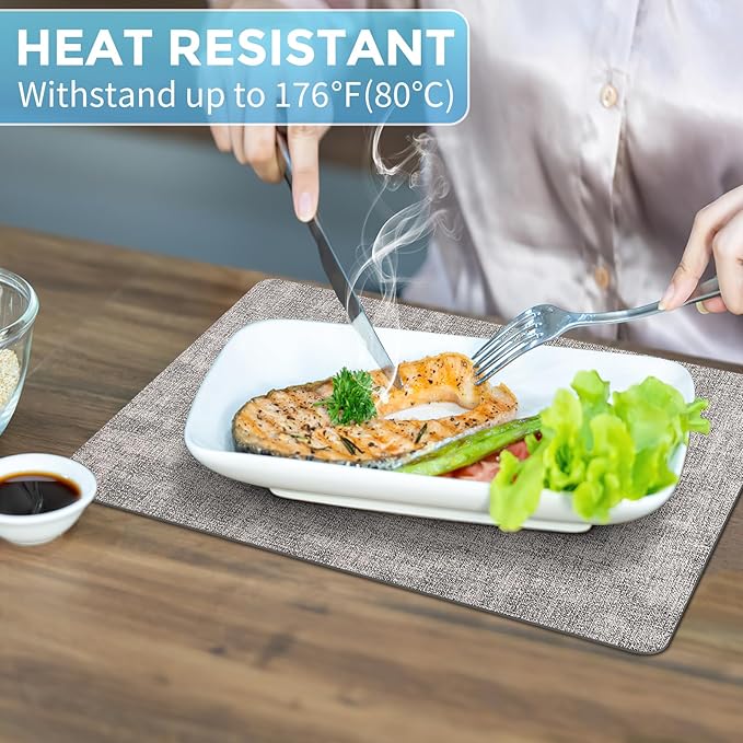 Placemats Set of 12 Washable, Heat Resistant Table Placemats Wipeable Faux Leather Place Mats Non Slip, Waterproof Square Table Mats for Indoor Outdoor, Light Grey