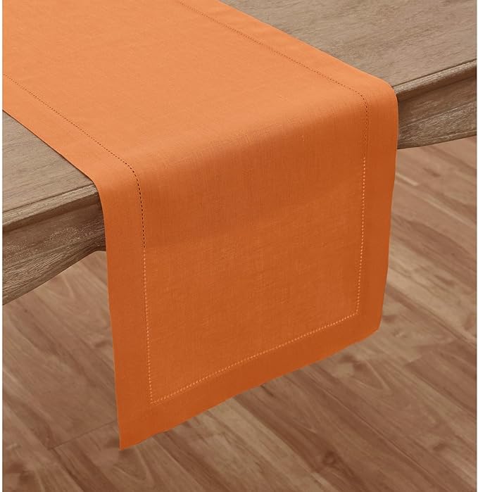 Solino Home Linen Pumpkin Table Runner 132 Inches Long - 100% Pure Linen Extra Long Table Runner 14 x 132 Inch - Classic Hemstitch