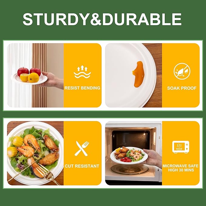 DaYammi 100% Compostable Paper Plates 9 Inch, 60-Pack Heavy Duty Paper Plates Bulk,Biodegradable Bagasse,Eco-Friendly Disposable Dinner Plate for BBQ,Picnic,Party (BPI Certified,Microwaveable)