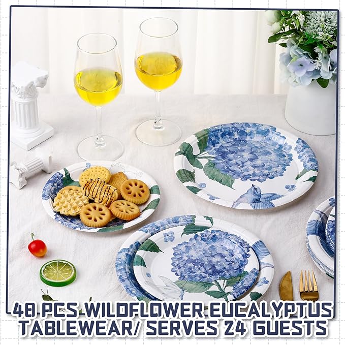 48 Pcs Hydrangea Paper Plates Set 9" 7" Summer Watercolor Disposable Plates Decorative Dinner Birthday Party Tableware for Baby Shower Party Supplies