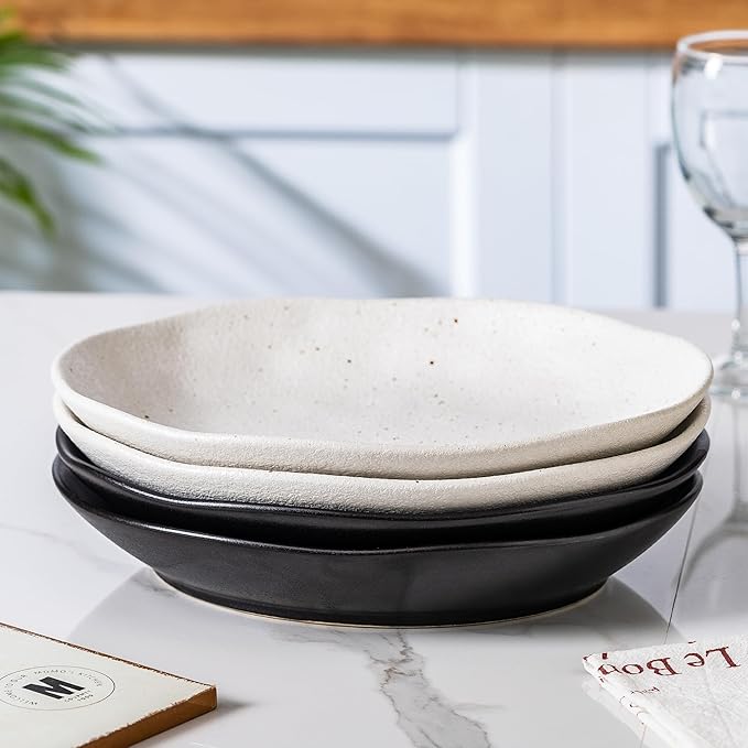 Ceramic Bowls Set of 2, Handcrafted Ceramic Plates Set | 10" Oval Serving Dishes Bowls | Large Serving Bowl Wide Shallow Bowl for Pasta, Salad, Cereal, Soup & Microwave & Dishwasher Safe, Matte Black