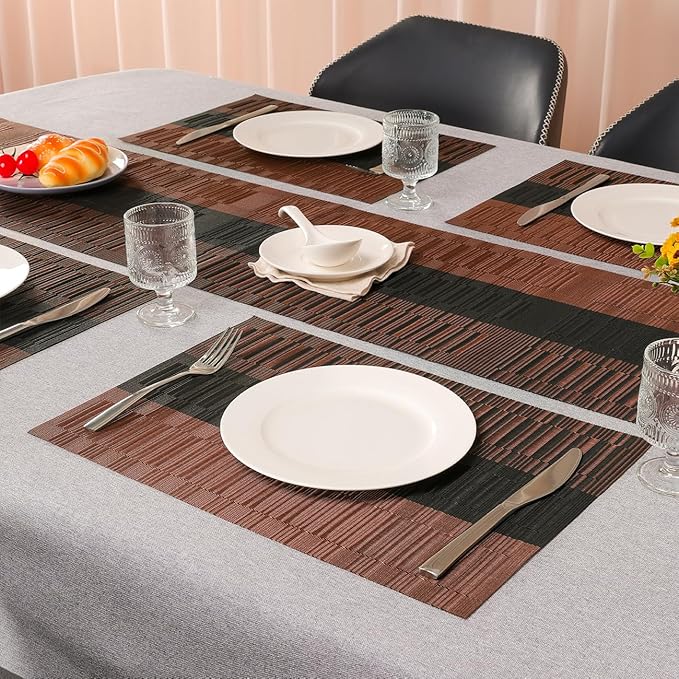 Placemats Set of 6, Vinyl Woven Place Mats Indoor Set of 6 Washable Wipeable PVC Table Mats Heat-Resistant Non Slip Plastic Placemat for Kitchen Dining Outdoor Table (Black Brown, Set of 6)