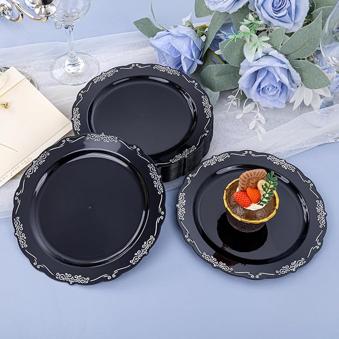 DaYammi 60PCS Black and Silver Plastic Plates, Heavy Duty Black and Silver Disposable Plates Premium 7.5 inch Dessert Cake Salad Appetizer Plate Hard Plastic Plate Disposable for Party Wedding