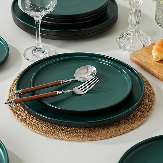Stoneware Salad Plates Set of 4, 8 Inch Plates for Dessert, Ceramic Plates Sets, Microwave Safe, Dishwasher Safe, Versatile for All Seasons, Matte Green