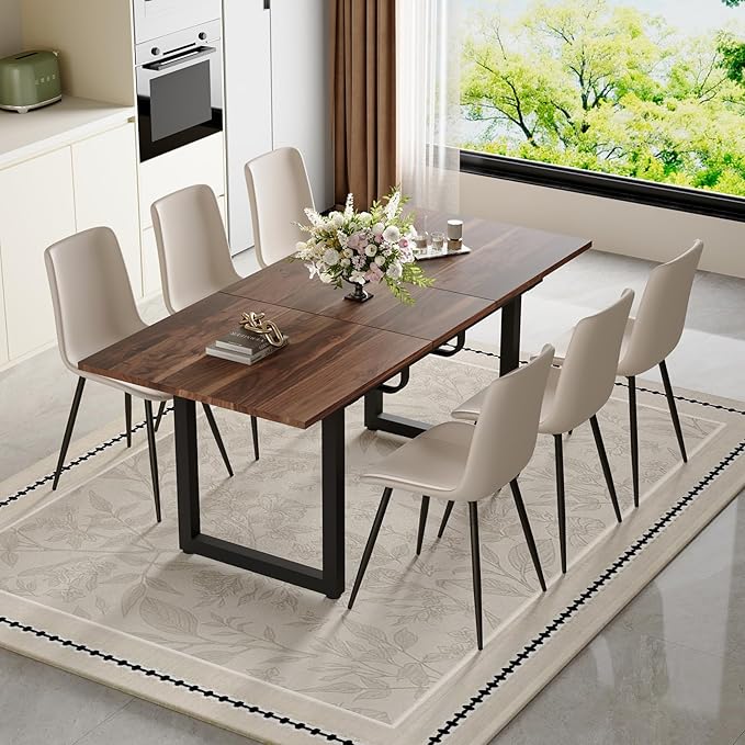 Extendable Dining Table Set for 6, 55"–71" Modern Wood Kitchen Table with 6 Upholstered Chairs, Space-Saving for Living Room Apartment, Sturdy & Comfortable, Easy Assembly