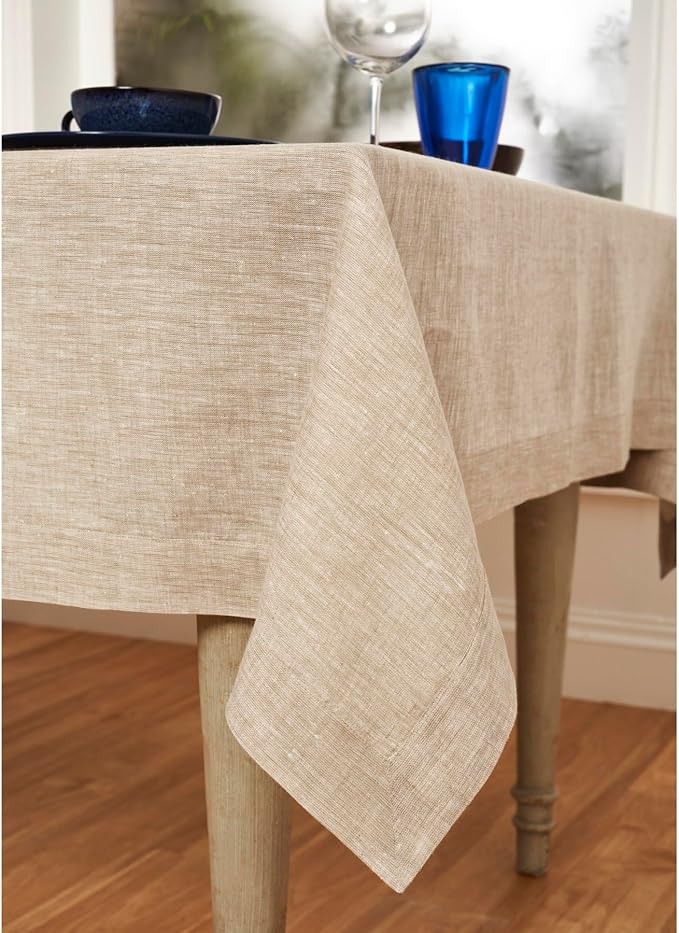 Solino Home Linen Tablecloth 60 x 144 Inch - 100% Pure Linen Champagne Beige Table Cloth for Rectangle Tables - Athena, Machine Washable Tablecloth for Spring, Easter